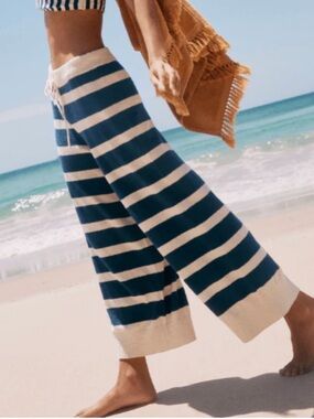Free People Navy and Cream Striped beach Wide Leg Knit Pants